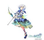  absurdres aqua_eyes arm_belt arrow blue_footwear bow_(weapon) company_name copyright_name dmm dress frills full_body hair_ornament hairclip highres idiom_girl looking_at_viewer mataichi_mataro official_art short_hair simple_background solo standing standing_on_one_leg star star_hair_ornament watermark weapon white_background white_dress white_hair 