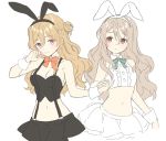  alternate_costume animal_ears blonde_hair bow bowtie braid breasts brown_eyes bunny_ears bunny_girl corset cowboy_shot detached_collar french_braid green_ribbon grey_hair hair_between_eyes kantai_collection long_hair medium_breasts midriff multiple_girls navel neck_ribbon pola_(kantai_collection) red_neckwear ribbon shiosoda simple_background skirt suspenders wavy_hair white_background wrist_cuffs zara_(kantai_collection) 