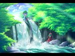  ayakashi_(monkeypanch) blue_eyes blue_hair bow cloud cucumber day eating green_eyes green_hair hair_bow hat highres inubashiri_momiji kagiyama_hina kawashiro_nitori letterboxed multiple_girls nature ripples river rock scenery sitting splashing stream sun_glare touhou tree water waterfall waves 