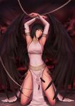  angel_wings armpits arms_up bad_id bad_pixiv_id black_hair black_wings breasts chain detached_sleeves feathers god half_updo kneeling lander long_hair mabinogi medium_breasts morrighan sideboob solo white_eyes wings 