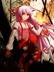  bamboo bamboo_forest fire forest fujiwara_no_mokou hime_cut huruhoshi long_hair long_sleeves nature pants red_eyes ringed_eyes shoes sitting smile solo suspenders touhou 