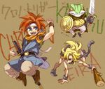  1girl armor ayla_(chrono_trigger) belt blue_eyes cape chrono_trigger club crono gloves green_skin headband himmelxxx kaeru_(chrono_trigger) laughing long_hair scarf sheath sword weapon wristband yellow_eyes 