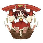  bad_id bad_pixiv_id box brown_eyes brown_hair chibi detached_sleeves donation_box face fisheye floating hakurei_reimu lie-lilac ofuda open_mouth outstretched_arms short_hair smile solo spread_arms torii touhou 