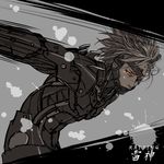  armor bad_id bad_pixiv_id barcode blonde_hair cyborg dark_skin dark_skinned_male eyepatch from_side glowing glowing_eye grey_background headphones looking_away male_focus metal_gear_(series) metal_gear_rising:_revengeance monochrome motion_lines raiden red_eyes rikka_(hexapetal) simple_background solo splatter spot_color upper_body 