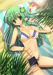  bangs bikini book breasts cherry covered_nipples cup drinking_glass drinking_straw flower food frog_hair_ornament fruit green_eyes green_hair hair_ornament hair_tubes kochiya_sanae lens_flare long_hair medium_breasts navel no_pupils nojima_noko side-tie_bikini snake_hair_ornament solo swimsuit touhou 