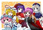  blonde_hair blush braid gradient_hair hair_ornament hat hijiri_byakuren japanese_clothes long_hair multicolored_hair multiple_girls pink_hair purple_hair red_eyes saigyouji_yuyuko short_hair silver_hair touhou unya yagokoro_eirin yakumo_yukari yasaka_kanako younger 