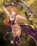 armpits arms_up bad_id bad_pixiv_id bare_shoulders belt boots breasts cape cleavage dagger dual_wielding expressionless garter_straps gauntlets grey_eyes holding holding_weapon leg_up long_hair medium_breasts midriff navel orange_hair original shijima_(tanfn) sideboob silhouette smile solo thigh_boots thighhighs weapon 