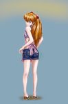  apron blue_eyes blush bra brown_hair denim denim_shorts from_behind full_body highres jmogutan legs lingerie long_hair looking_back neon_genesis_evangelion shikinami_asuka_langley shoes shorts simple_background smile solo souryuu_asuka_langley sports_bra standing underwear 