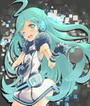  blue_eyes blue_hair blush dress girl headphones microphone sf-a3_iki solo vocaloid white_dress wink 