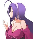  ahoge bare_shoulders breasts cleavage earrings hairband idolmaster idolmaster_(classic) issei jewelry large_breasts long_hair miura_azusa open_mouth pink_eyes profile purple_hair solo 