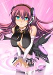  aqua_eyes blush breasts cleavage cosplay detached_sleeves headphones large_breasts long_hair megurine_luka musical_note navel necktie pink_hair shinjitsu_(true_ride) smile solo vocaloid vocaloid_append 