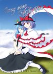  blue_hair closed_eyes cloud couple cover cover_page day doujin_cover english hat hinanawi_tenshi holding_hands isaki_(gomi) leaning_on_person multiple_girls nagae_iku red_eyes sky touhou yuri 