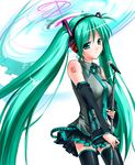 detached_sleeves green_eyes green_hair hatsune_miku headset long_hair microphone microphone_stand muto necktie skirt solo thighhighs twintails very_long_hair vocaloid 