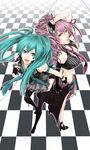  alternate_hairstyle aqua_eyes aqua_hair bad_id bad_pixiv_id boots curly_hair fingerless_gloves from_above gloves hatsune_miku high_heels long_hair megurine_luka microphone mitsuki_(pixiv) multiple_girls necktie pink_hair ponytail shoes skirt smile thighhighs twintails very_long_hair vocaloid world's_end_dancehall_(vocaloid) 