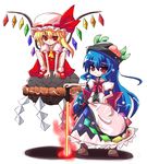  blonde_hair blue_hair flandre_scarlet food fruit hat hinanawi_tenshi kuraryu long_hair multiple_girls peach red_eyes rock rope shimenawa short_hair sitting_on_rock sword sword_of_hisou touhou weapon wings 