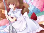  brown_eyes brown_hair cake candy dress food fork hagiwara_yukiho idolmaster idolmaster_(classic) lollipop oversized_object pancake shiguri short_hair solo swirl_lollipop 