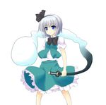  black_hairband blue_eyes bob_cut fuguno fusion ghost hairband katana konpaku_youmu konpaku_youmu_(ghost) short_hair silver_hair simple_background solo sword touhou weapon 