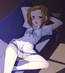  bad_id bad_pixiv_id blush brown_eyes brown_hair couch hairband hot k-on! kuronyan lying on_back petite school_uniform short_hair solo sweat tainaka_ritsu window_shade 