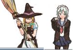  aharan alternate_costume bad_id bad_pixiv_id blonde_hair blush braid broom hat izayoi_sakuya kirisame_marisa multiple_girls pantyhose school_uniform serafuku short_hair silver_hair touhou twin_braids witch_hat 