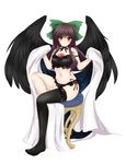  asymmetrical_clothes bad_id bad_pixiv_id black_bra black_legwear black_panties black_wings blush bow bra brown_eyes brown_hair cape eyes green_bow hair_bow highres large_wings legs lingerie long_hair looking_at_viewer navel nekokotei panties radiation_symbol reiuji_utsuho side-tie_panties simple_background single_thighhigh sitting smile solo strap_slip thighhighs touhou underwear underwear_only wings 