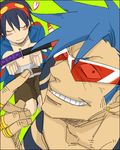  blue_hair blush earrings goggles jewelry kamina kamina_shades lowres multiple_boys ring simon smirk sword tattoo tengen_toppa_gurren_lagann tengen_toppa_gurren_lagann:_parallel_works weapon 