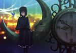  absurdres bird clock crescent_moon expressionless hat highres koyama_hirokazu kuonji_alice mahou_tsukai_no_yoru moon sitting solo 