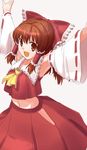  :d \o/ armpits arms_up bow brown_hair detached_sleeves hair_bow hakurei_reimu midriff namamo_(kura) no_panties open_mouth outstretched_arms red_eyes simple_background smile solo touhou 