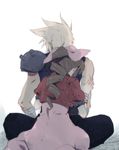  1girl aerith_gainsborough blonde_hair bow brown_hair cloud_strife couple cropped_jacket dress drill_hair final_fantasy final_fantasy_vii hetero hidaka_ryou hug hug_from_behind long_dress long_hair pink_bow pink_dress ponytail sitting spiked_hair 