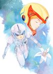  1girl agahari blue_eyes blue_hair cecily_fairchild closed_eyes floating flower gundam gundam_f91 helmet lily_(flower) orange_hair pilot_suit seabook_arno space 