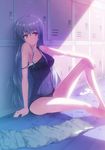  absurdres blue_hair highres leg_up legs locker long_hair looking_away multicolored multicolored_eyes one-piece_swimsuit original school_swimsuit sitting siva_(executor) solo strap_slip sunlight swimsuit towel wet 