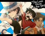  bad_id bad_pixiv_id brown_eyes brown_hair cellphone child dark_skin dark_skinned_male edogawa_conan glasses hat hattori_heiji kaitou_kid male_focus meitantei_conan monocle multiple_boys phone shorts smile top_hat usagi_(1988) 