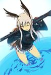  animal_ears bad_id bad_pixiv_id bent_over bird_tail blonde_hair blue_eyes dutch_angle goggles gun hanna-justina_marseille head_wings highres iron_cross long_hair machine_gun military military_uniform ningen_(ningen96) one_eye_closed over_shoulder skirt solo strike_witches tail uniform wading water weapon weapon_over_shoulder world_witches_series 