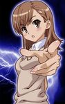  bad_id bad_pixiv_id brown_eyes brown_hair electricity foreshortening misaka_mikoto nyoro_(nyoronyoro000) school_uniform short_hair solo sweater_vest to_aru_kagaku_no_railgun to_aru_majutsu_no_index 