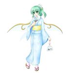  alternate_costume bad_id bad_pixiv_id bag bagged_fish covering_mouth daiyousei fairy_wings fan fish flower goldfish green_eyes green_hair hair_flower hair_ornament isaki_(gomi) japanese_clothes kimono lily_(flower) paper_fan sandals simple_background solo tabi touhou uchiwa wings 
