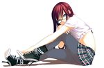  armpit_peek back bad_id bad_pixiv_id blue_eyes co2 cross-laced_footwear from_side full_body glasses grey_legwear high_heels leaning_forward legs long_hair looking_at_viewer looking_to_the_side midriff original pantyhose plaid plaid_skirt red_hair shoelaces shoes simple_background skirt sneakers solo white_background 