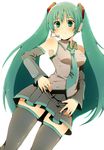  aqua_eyes aqua_hair blush detached_sleeves hatsune_miku headphones headset long_hair nakaoka_naaka necktie simple_background skirt solo thighhighs twintails very_long_hair vocaloid zettai_ryouiki 