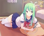  arm_support bed bedroom brown_eyes cellphone earphones green_hair hyakuen_raitaa indoors long_hair lying original phone pillow school_uniform serafuku skirt solo stuffed_animal stuffed_toy teddy_bear thighhighs white_legwear zettai_ryouiki 