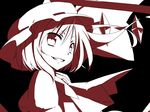  bad_id bad_pixiv_id face flandre_scarlet grin hat looking_back monochrome muranisaki red short_hair smile solo touhou 