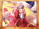  armor bell bow cararina copyright_name detached_sleeves fang feathers hazuki_gean helmet open_mouth pink_hair pixiv_fantasia pixiv_fantasia_4 slit_pupils smile solo sparkle staff tail wings yellow_eyes 