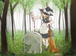  alcohol bottle broom forest grave hat kirisame_marisa nature pouring solo supon tombstone touhou wine witch_hat 