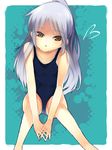 angel_beats! bad_id bad_pixiv_id brown_eyes foreshortening grey_hair hands_clasped highres kakei leg_hug long_hair one-piece_swimsuit own_hands_together ponytail school_swimsuit sitting solo swimsuit tenshi_(angel_beats!) 