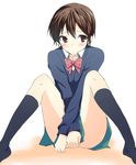  bad_id bad_pixiv_id blush bow brown_eyes brown_hair covering covering_crotch hyakuen_raitaa kneehighs legs_up looking_away no_shoes original ribbon school_uniform short_hair simple_background sitting skirt socks solo sweater 