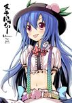  :p adapted_costume alternate_costume arms_behind_back belt blue_hair crop_top food fruit fuguno gradient groin hat hinanawi_tenshi long_hair midriff navel peach solo suspenders tongue tongue_out touhou upper_body 