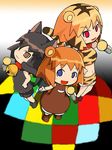  2girls animal_ears bad_id bad_pixiv_id bear_ears bear_girl bear_tail bell bell_collar black_hair blue_eyes brown_eyes cat_ears cat_tail collar kamekichi_(agoyarou) kuma-tan kumatanchi microphone multiple_girls neko-kun orange_hair red_eyes tail tiger_ears tiger_tail tora-oneesan 