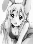  amaoto animal_ears bare_shoulders bow bowtie breast_squeeze breasts bunny_ears bunnysuit cleavage eyebrows greyscale k-on! kotobuki_tsumugi long_hair medium_breasts monochrome open_mouth pantyhose round_teeth sketch solo teeth traditional_media wing_collar 