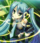  detached_sleeves green_eyes green_hair hatsune_miku headphones headset katagiri_hinata long_hair necktie skirt smile solo thighhighs twintails very_long_hair vocaloid 