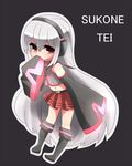  bad_id bad_pixiv_id chibi detached_sleeves headphones long_hair navel red_eyes saito_katuo silver_hair simple_background skirt solo sukone_tei utau 