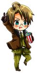  ahoge america_(hetalia) aqua_eyes axis_powers_hetalia bad_id bad_pixiv_id blonde_hair bomber_jacket chibi cup glasses hajime_kaniku jacket male_focus military military_uniform necktie pointing solo uniform 