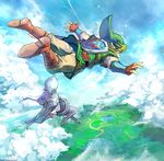 1girl blonde_hair blue_eyes cape cloud day falling fi fingerless_gloves gloves hat link muse_(rainforest) pantyhose pointy_ears shield sky the_legend_of_zelda the_legend_of_zelda:_skyward_sword 