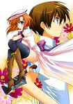  1girl blue_eyes boots brown_hair couple flower hat hatchet hetero higurashi_no_naku_koro_ni maebara_keiichi nose_hatchet orange_hair ryuuguu_rena suzuragi_karin thighhighs 